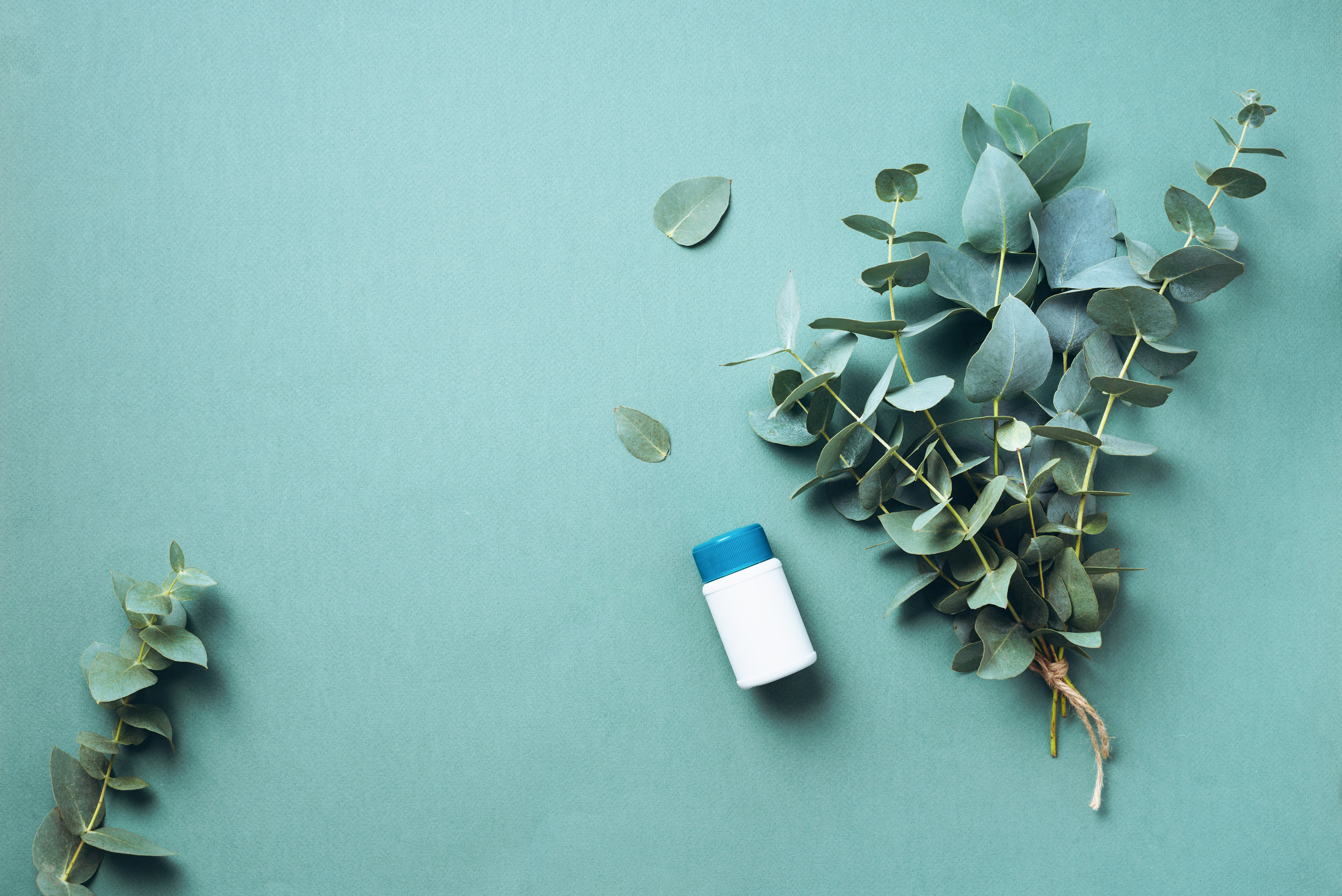 Alternative Medicine - Green Eucalyptus Leaves and Pills on Green Background. Detox and anti Parasite Cleanse Concept